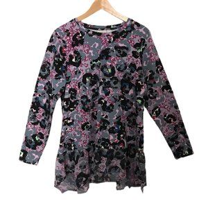 LOGO Lounge Women's Purple Blue Floral Print Long Sleeve Tunic Shirt Size Small